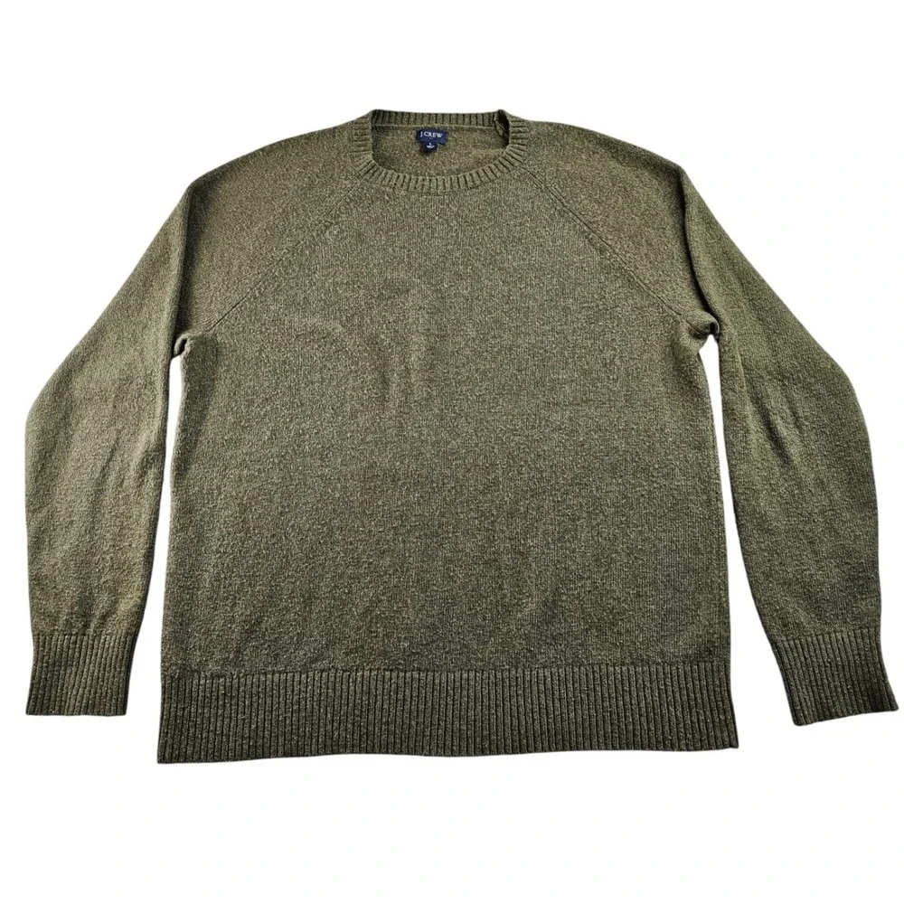 J.CREW Knitted Sweater Men's Large Mossy Green Lamb's Wool Long Sleeve Crew Neck - Picture 1 of 9